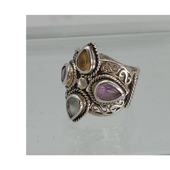 Unknown Jewelry - Vintage 925 Sterling Silver Colorful Glass Crystals Stunning Filigree Ring Sz 7